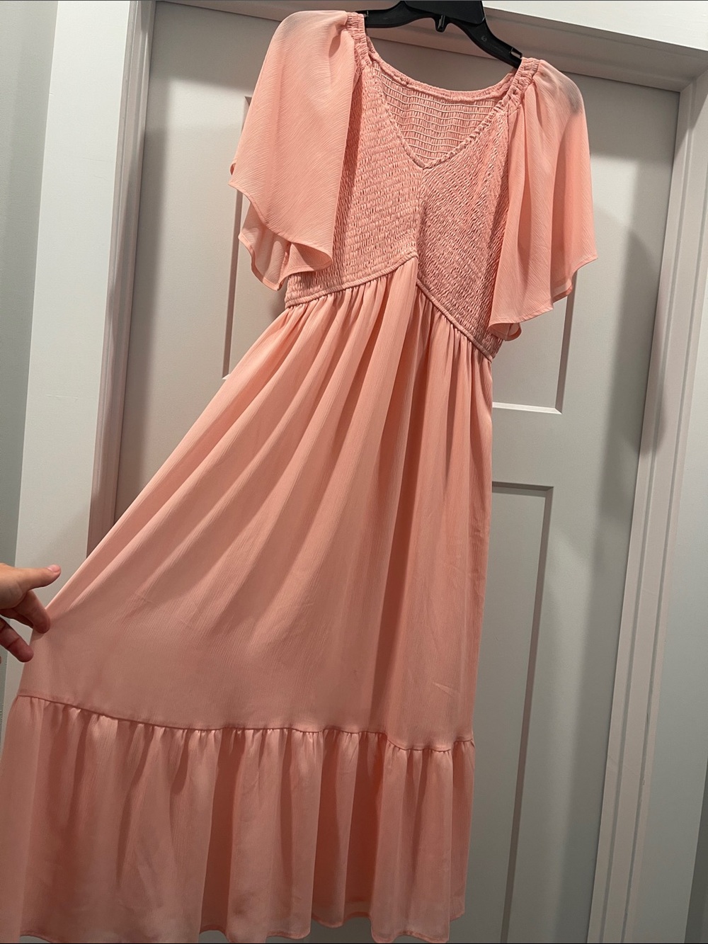 Smocked V-Neck Flutter Sleeve Maxi Dress in Peach